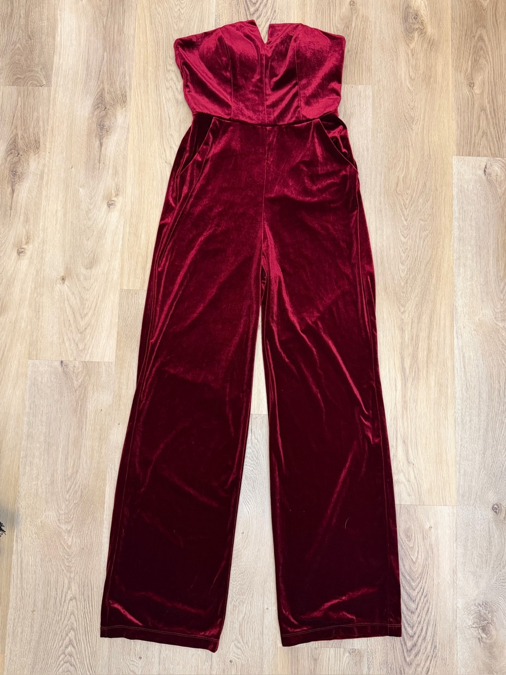 Premier Amor Strapless Velvet Wide-Leg Jumpsuit in Deep Red